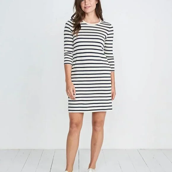 Marine Layer Gigi Supima Cotton Dress In White Navy Black Stripe S - Picture 1 of 9